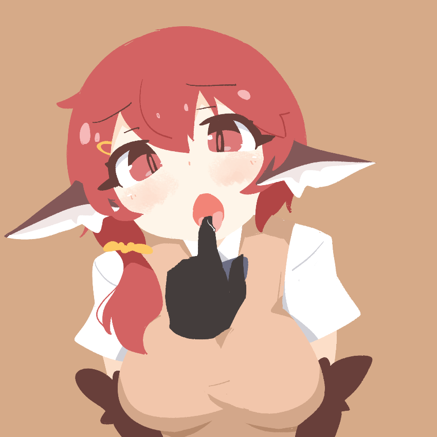 1girl animal_ears big_o_pants bird_ears blush brown_background brown_feathers brown_wings commentary feathers finger_in_another&#039;s_mouth fio-chan_(big_o_pants) hair_between_eyes harpy low_ponytail monster_girl original ponytail pov pov_hands red_eyes red_hair saliva simple_background winged_arms wings
