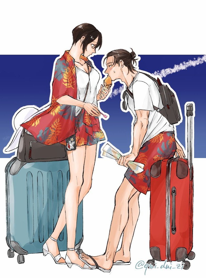 1boy 1girl backpack bag black_bag black_hair blue_background border breasts brown_hair cleavage collarbone eating eren_yeager full_body hair_between_eyes hair_bun hawaiian_shirt holding holding_ice_cream_cone holding_map ice_cream_cone looking_at_another map medium_breasts medium_hair mikasa_ackerman print_shirt print_shorts qui_dui_zi red_shirt red_shorts rolling_suitcase sandals shingeki_no_kyojin shirt shoes short_hair shorts shoulder_pouch sitting sitting_on_object standing suitcase sweatdrop t-shirt twitter_username white_border white_shirt white_shoes
