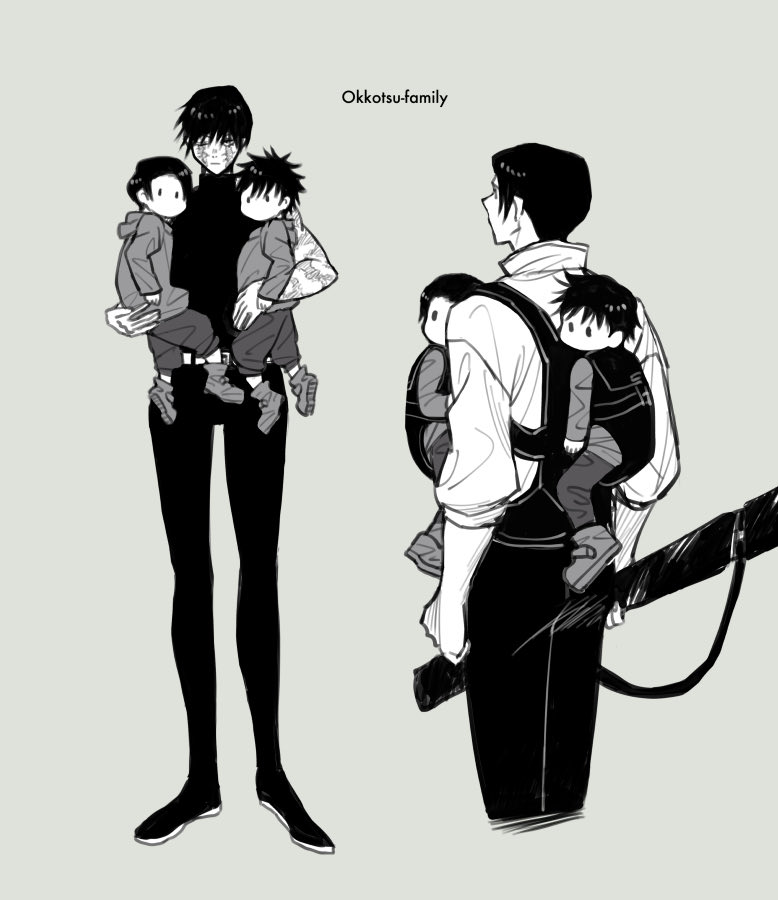 1girl 3boys baby_carry burn_scar carrying carrying_multiple_people carrying_person child family greyscale_with_colored_background holding holding_sword holding_weapon hood hoodie if_they_mated jujutsu_kaisen light_brown_background long_sleeves merushii_(raynyhigher) multiple_boys okkotsu_yuuta scar sheath sheathed short_hair simple_background spoilers sword weapon zen&#039;in_maki