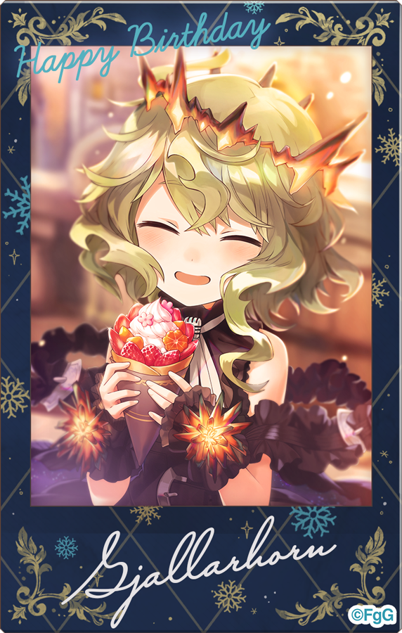 1girl ^_^ black_dress blurry blurry_background character_name closed_eyes commentary_request copyright_notice crepe crossed_bangs dress facing_viewer g-row gjallarhorn_(phantom_of_the_kill) green_hair hair_between_eyes happy_birthday holding holding_crepe holding_food looking_at_viewer official_art open_mouth outdoors phantom_of_the_kill polaroid_photo second-party_source smile solo two-handed upper_body
