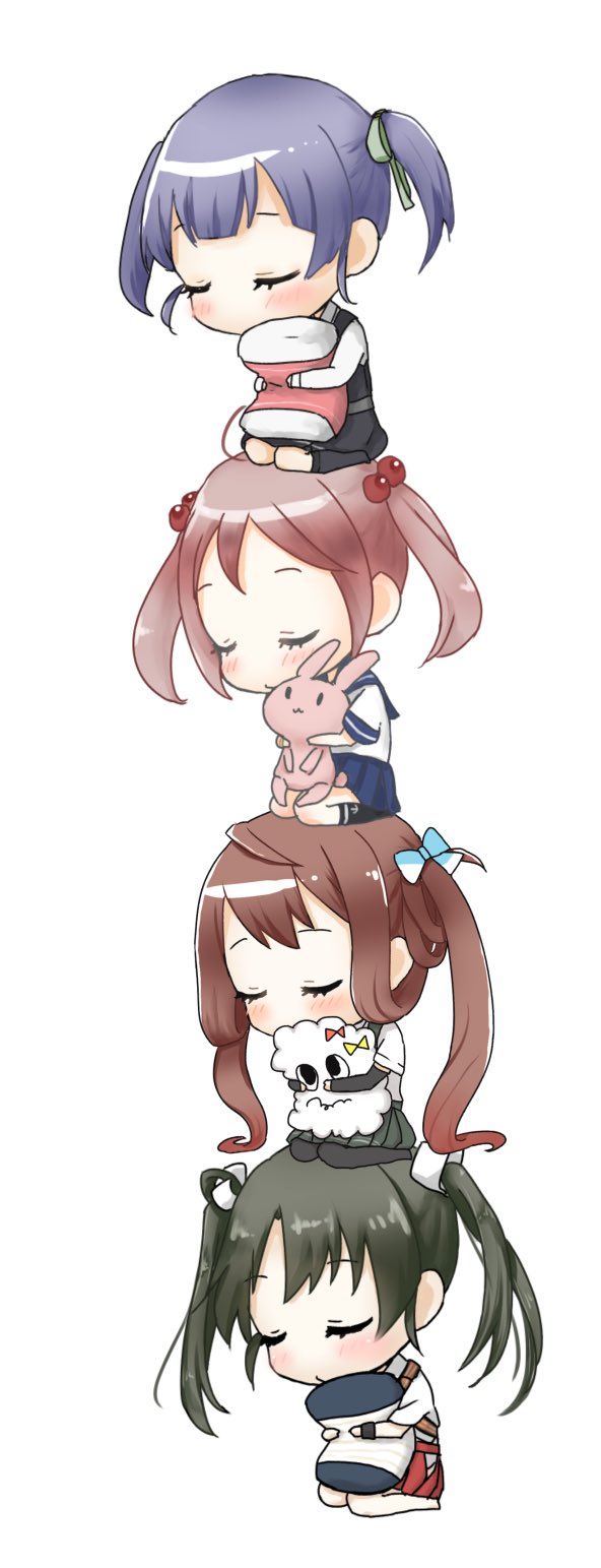 4girls asagumo_(kancolle) black_dress blue_sailor_collar blue_skirt brown_hair chibi chibi_only closed_eyes dress grey_hair grey_pantyhose grey_skirt hakama hakama_skirt highres hugging_doll hugging_object japanese_clothes kantai_collection long_hair miss_cloud multiple_girls nuno_(pppompon) ooshio_(kancolle) pantyhose pillow pillow_hug pinafore_dress pink_hair rabbit red_hakama sailor_collar sazanami_(kancolle) school_uniform seiza serafuku short_hair simple_background sitting skirt sleeping sleeveless sleeveless_dress stack white_background zuikaku_(kancolle)