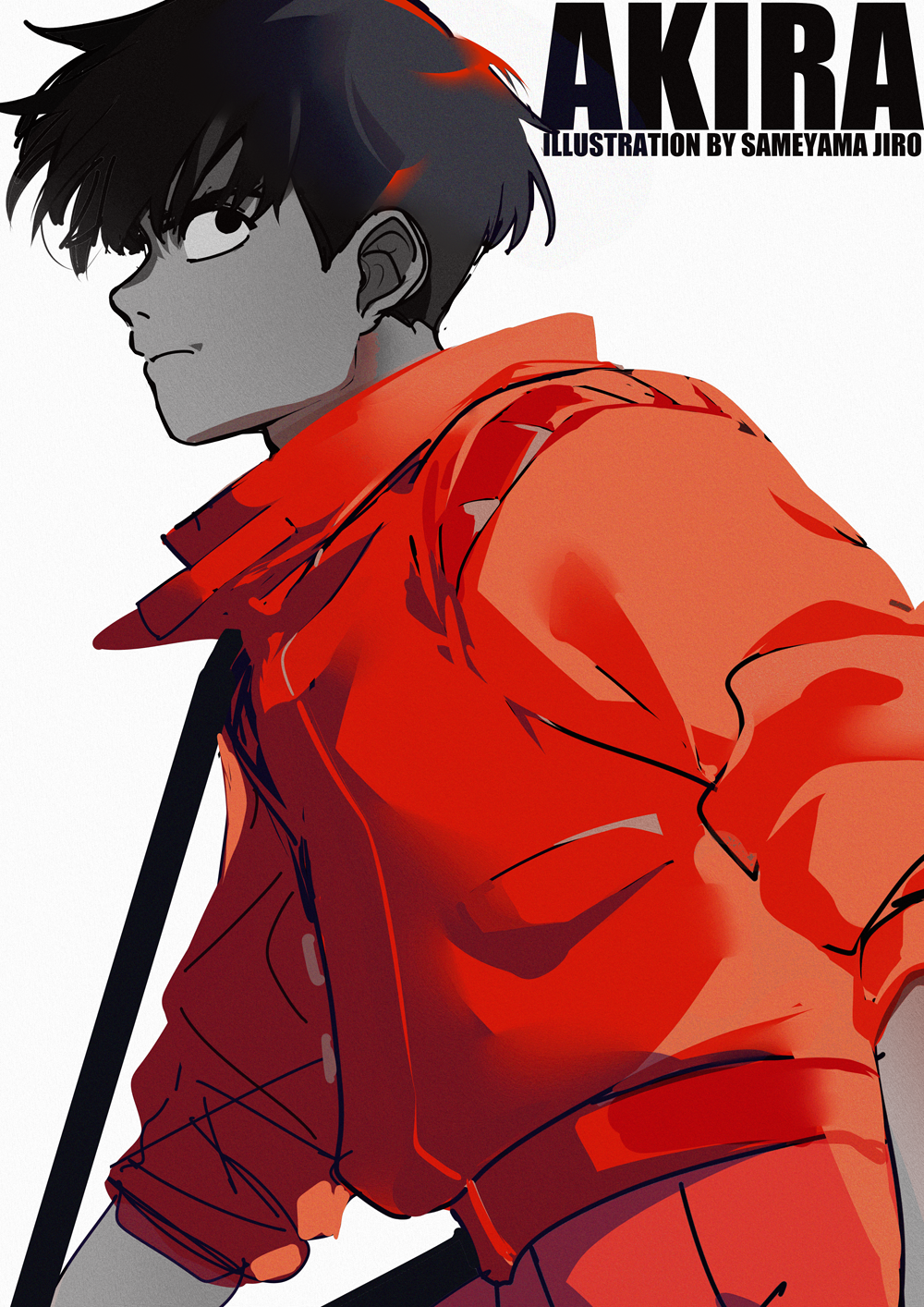 1boy akira_(manga) artist_name black_eyes black_hair closed_mouth copyright_name highres jacket kaneda_shoutarou_(akira) leather leather_jacket long_sleeves looking_at_viewer male_focus pants partially_colored red_jacket red_pants sameyama_jiro short_hair simple_background solo white_background