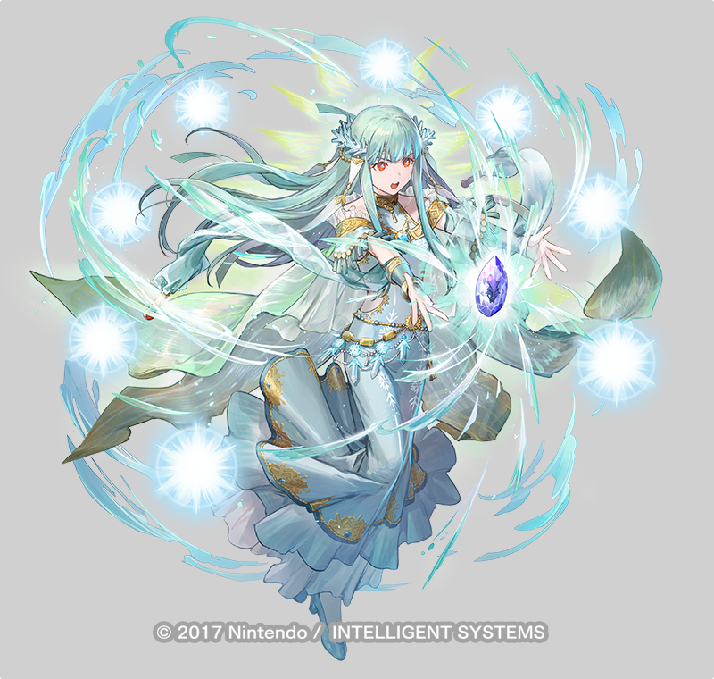 1girl aqua_hair azu-taro breasts cape copyright_notice dress fire_emblem fire_emblem:_the_blazing_blade fire_emblem_heroes floating floating_object full_body glowing gold_trim gradient_clothes leg_up long_dress long_hair long_skirt medium_breasts mermaid_dress ninian_(fire_emblem) ninian_(ice-dragon_oracle)_(fire_emblem) nintendo official_art open_mouth pale_skin red_eyes see-through_clothes serious shoes skirt snowflake_print solo