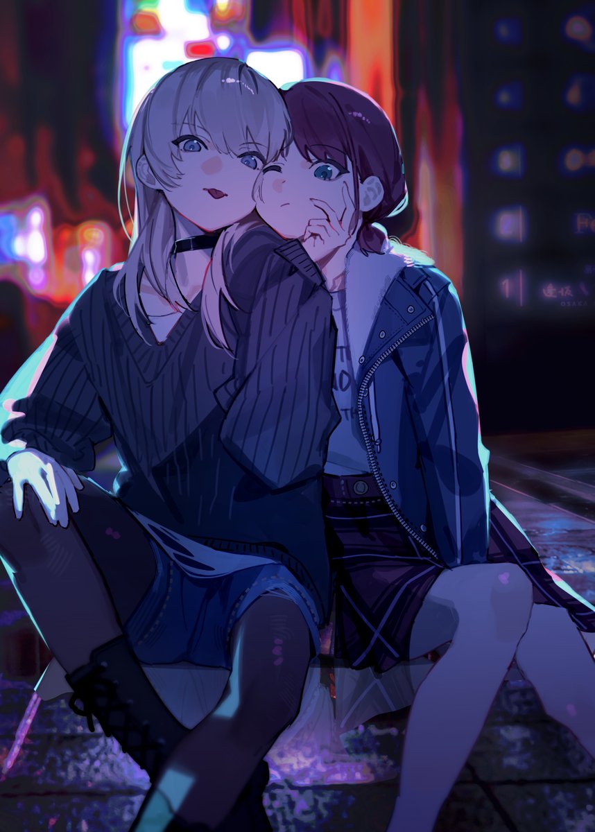 2girls black_boots black_choker black_pantyhose black_sweater blue_eyes blue_jacket blue_shorts blurry blurry_background boots cheek_squash choker closed_mouth commentary girls_band_cry grey_eyes grey_hair highres iseri_nina jacket kouhiipan long_hair low_twintails multicolored_hair multiple_girls nina_(fire_emblem) one_eye_closed pantyhose pantyhose_under_shorts plaid_clothes plaid_skirt red_skirt roots_(hair) shirt short_hair short_twintails shorts sitting skirt sweater tongue tongue_out twintails white_shirt yuri
