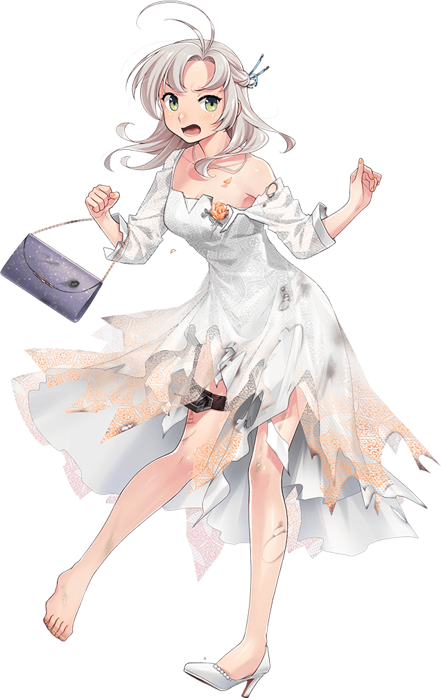 1girl ahoge antenna_hair bag burnt_clothes corsage dress fujikawa full_body green_eyes grey_hair hair_tie handbag holding holding_bag jewelry kantai_collection kinugasa_(anniversary)_(kancolle) kinugasa_(kancolle) kinugasa_kai_ni_(kancolle) looking_at_viewer necklace official_alternate_costume official_art one_side_up right_shoe_removed shoes single_shoe skirt_hold smile solo third-party_source transparent_background white_dress
