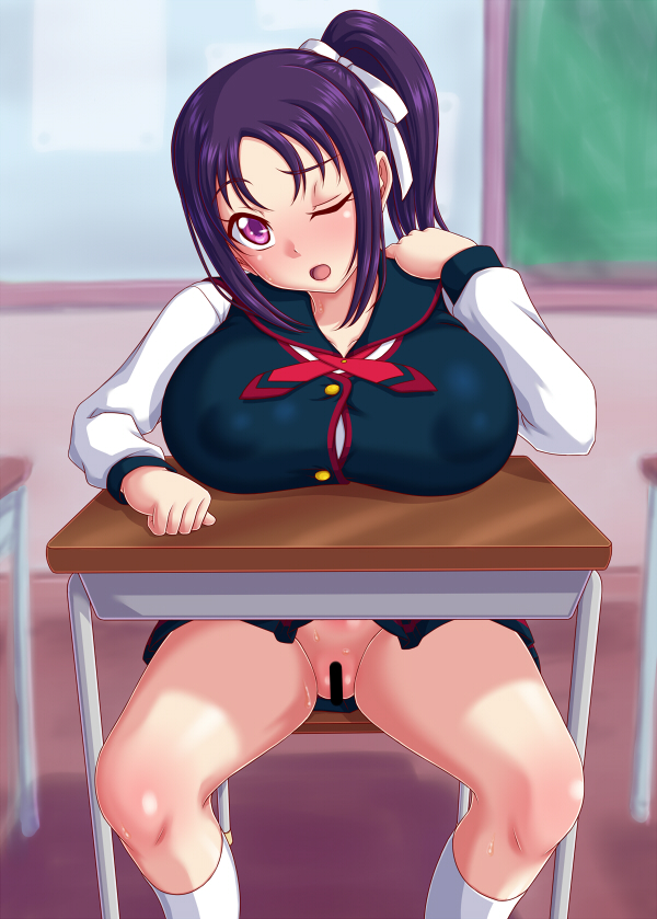 1girl alternate_breast_size bar_censor breasts censored classroom covered_erect_nipples desk hair_ribbon huge_breasts kazuno_sarah long_hair love_live! love_live!_sunshine!! no_panties one_eye_closed open_mouth purple_eyes purple_hair pussy ribbon school_desk school_uniform side_ponytail sitting solo sweat tenrai_(temple) thighs