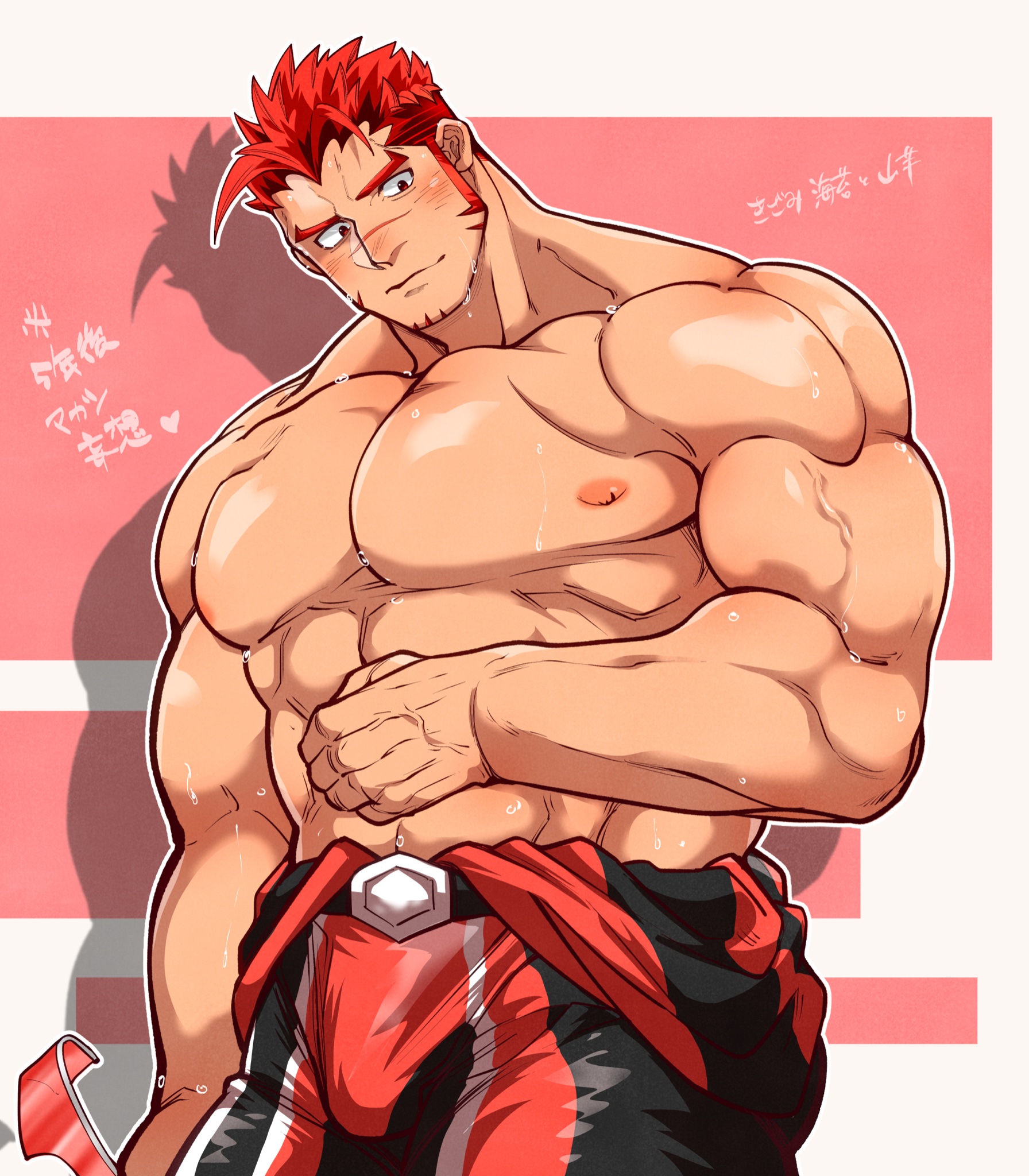 1boy akashi_(live_a_hero) bara blush bodysuit facial_hair goatee highres kizami_nori_to_yamaimo large_pectorals live_a_hero long_sideburns looking_to_the_side male_focus multicolored_hair muscular muscular_male pectorals red_eyes red_hair scar scar_on_face scar_on_nose short_hair sideburns solo sweat thick_eyebrows topless_male