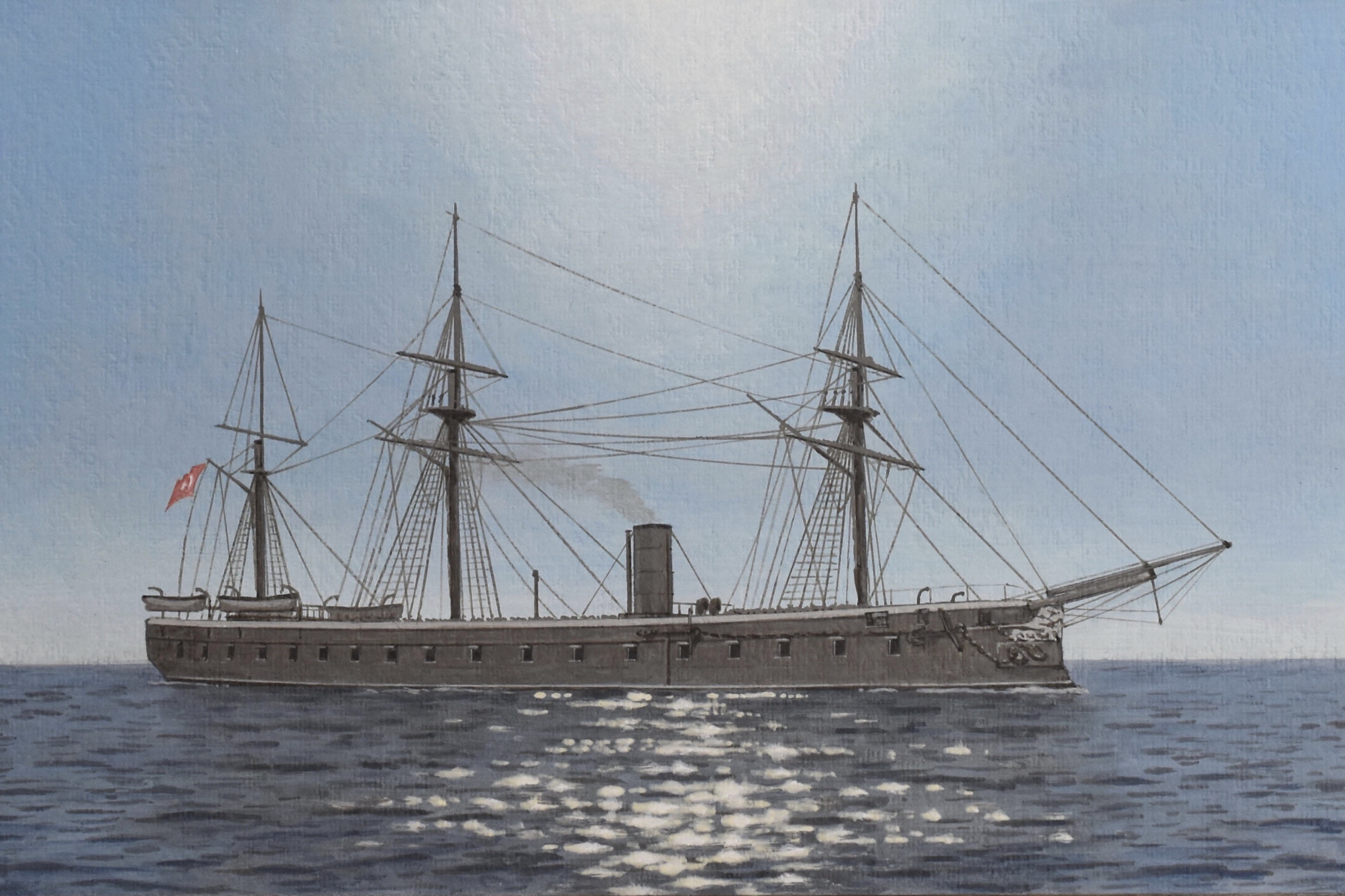 acrylic_paint_(medium) atelier_bono blue_sky flag highres ironclad mast mehmediye_(ironclad) military_vehicle no_humans ocean original ottoman_navy painting_(medium) reflection reflective_water ship sky smokestack traditional_media vehicle_focus warship watercraft weapon