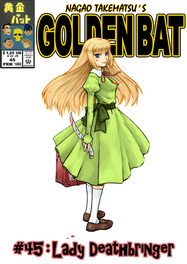 1960s_(style) 2girls 3boys blonde_hair blood blood_on_face bloody_knife blue_eyes brown_footwear cover dokono_dareo dr._yamatone dress fake_cover green_dress holding holding_knife juliet_sleeves kneehighs knife light_smile loafers long_hair long_sleeves looking_at_viewer looking_back marie_millet multiple_boys multiple_girls neck_ribbon oldschool ougon_bat ougon_bat_(character) parano_(pixiv2588278) parody peggy_(ougon_bat) puffy_sleeves retro_artstyle ribbon sash scar shoes sleeves_past_wrists smile socks standing style_parody suitcase trunk white_background white_legwear wing_collar yamatone_takeru