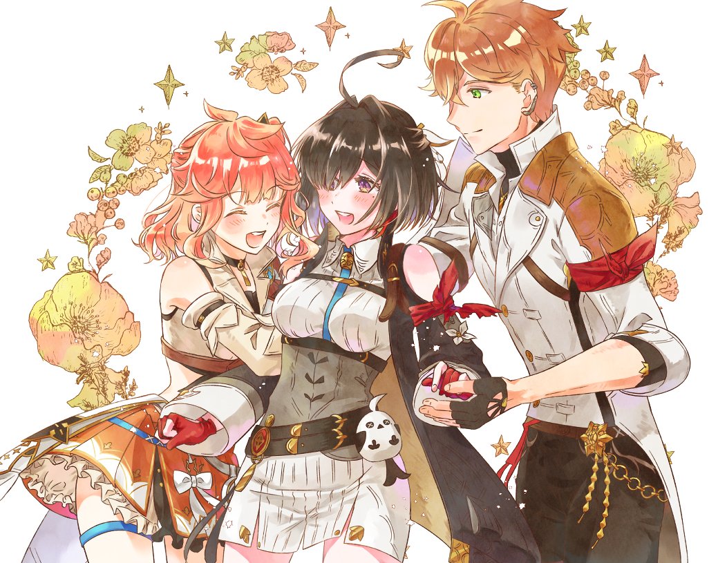 1boy 2girls ^_^ ahoge atelier_(series) atelier_yumia blush breasts closed_eyes closed_mouth commentary_request detached_sleeves dress gloves green_eyes grey_corset hair_over_one_eye isla_von_duerer large_breasts makeup male_focus mole mole_under_eye multicolored_hair multiple_girls open_mouth orange_hair partially_fingerless_gloves purple_eyes red_gloves red_hair satsu sparkle standing streaked_hair stuffed_animal stuffed_bird stuffed_toy two-tone_hair viktor_von_duerer white_background white_dress yumia_liessfeldt