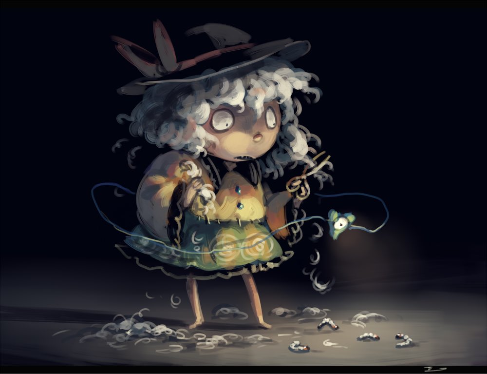 1girl black_hat bow cutting_hair eyeball female_focus floral_print full_body hat hat_bow hat_ribbon heart heart_of_string komeiji_koishi koto_inari larva long_sleeves ribbon scissors shirt short_hair silver_hair skirt solo third_eye touhou wavy_hair wide_sleeves