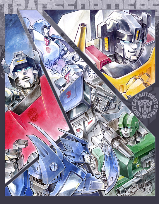 1980s_(style) ai-eye autobot blurr_(transformers) cannon gun handgun hound hound_(transformers) mecha mirage mirage_(transformers) no_humans oldschool pistol retro_artstyle rifle robot science_fiction sideswipe sunstreaker tracks tracks_(transformers) transformers weapon