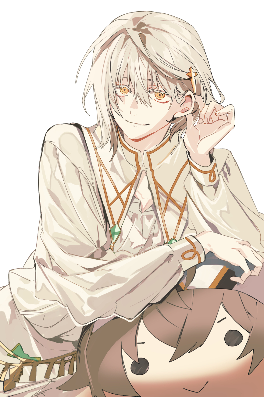 1boy alchemy_stars capelet character_doll closed_mouth doll eyebrows_hidden_by_hair hair_between_eyes hand_on_own_ear highres jacket kyouichi light_smile looking_at_viewer matthieu_(alchemy_stars) navigator_(alchemy_stars) pants short_hair simple_background solo white_background white_capelet white_hair white_jacket white_pants