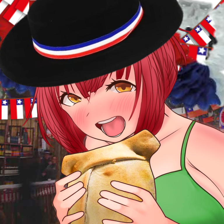 1girl :d bikini black_hat blush breasts celebration chile chilean_flag eating empanada flag food green_bikini happy hat holding holding_food ibispaint_(medium) looking_at_viewer open_mouth orange_eyes original party red_hair sarywaifu sarywapo self-upload short_hair smile solo swimsuit teeth upper_body