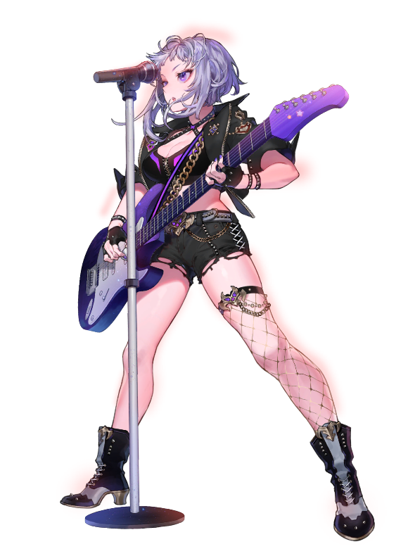1girl ankle_boots artist_request bass_guitar belt black_collar black_gloves black_jacket black_sports_bra boots breasts chain chest_strap cleavage collar collarbone collared_jacket cross-laced_clothes cross-laced_shorts denim denim_shorts favia_(final_gear) final_gear fingerless_gloves fishnet_thighhighs fishnets full_body gloves grey_belt grey_eyebrows grey_hair holding holding_bass_guitar holding_instrument instrument jacket knees leather leather_jacket legs_apart looking_ahead medium_breasts microphone microphone_stand midriff multicolored_boots music nail_polish official_art open_clothes open_jacket playing_instrument plectrum purple_eyes purple_nails short_hair short_shorts short_sleeves shorts sidelocks simple_background singing single_bare_leg sleeves_rolled_up solo spiked_belt spiked_wristband sports_bra star_(symbol) star_print string tachi-e teeth thighhighs third-party_source torn_clothes torn_shorts two-tone_boots upper_teeth_only white_background zipper