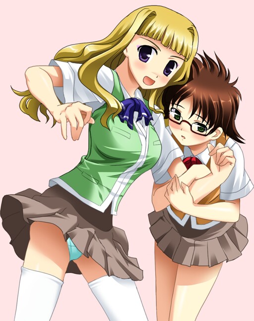 00s 2girls :d arm_grab arm_hug ascot blonde_hair blunt_bangs brown_hair brown_skirt clothes_lift cowboy_shot eyeshadow glasses kikukawa_yukino long_hair makeup miniskirt multiple_girls my-hime open_mouth panties pantyshot pink_background sanshita school_uniform semi-rimless_eyewear short_hair short_sleeves simple_background skirt skirt_lift smile standing suzushiro_haruka thighhighs under-rim_eyewear underwear vest white_legwear