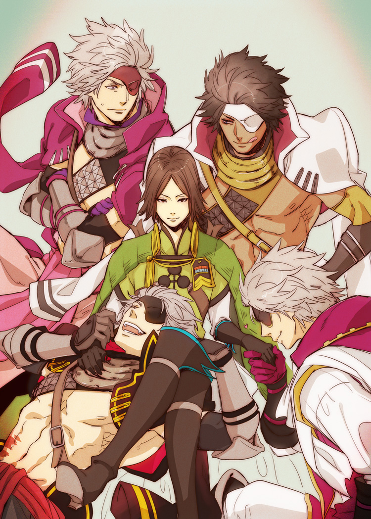 5boys :d :q abs black_hair blue_eyes brown_eyes brown_hair chousokabe_motochika_(sengoku_basara) clone crossed_arms crossed_legs dark-skinned_male dark_skin eyepatch fang green_background grey_hair jacket jacket_on_shoulders kiss kissing_hand lap_pillow looking_at_another looking_at_viewer male_focus mouri_motonari_(sengoku_basara) multiple_boys multiple_persona no_shirt official_alternate_color official_alternate_costume official_alternate_hair_color official_alternate_skin_color open_mouth purple_eyes purple_jacket sengoku_basara simple_background smile sweatdrop toned toned_male tongue tongue_out yaoi yona_(waiko)