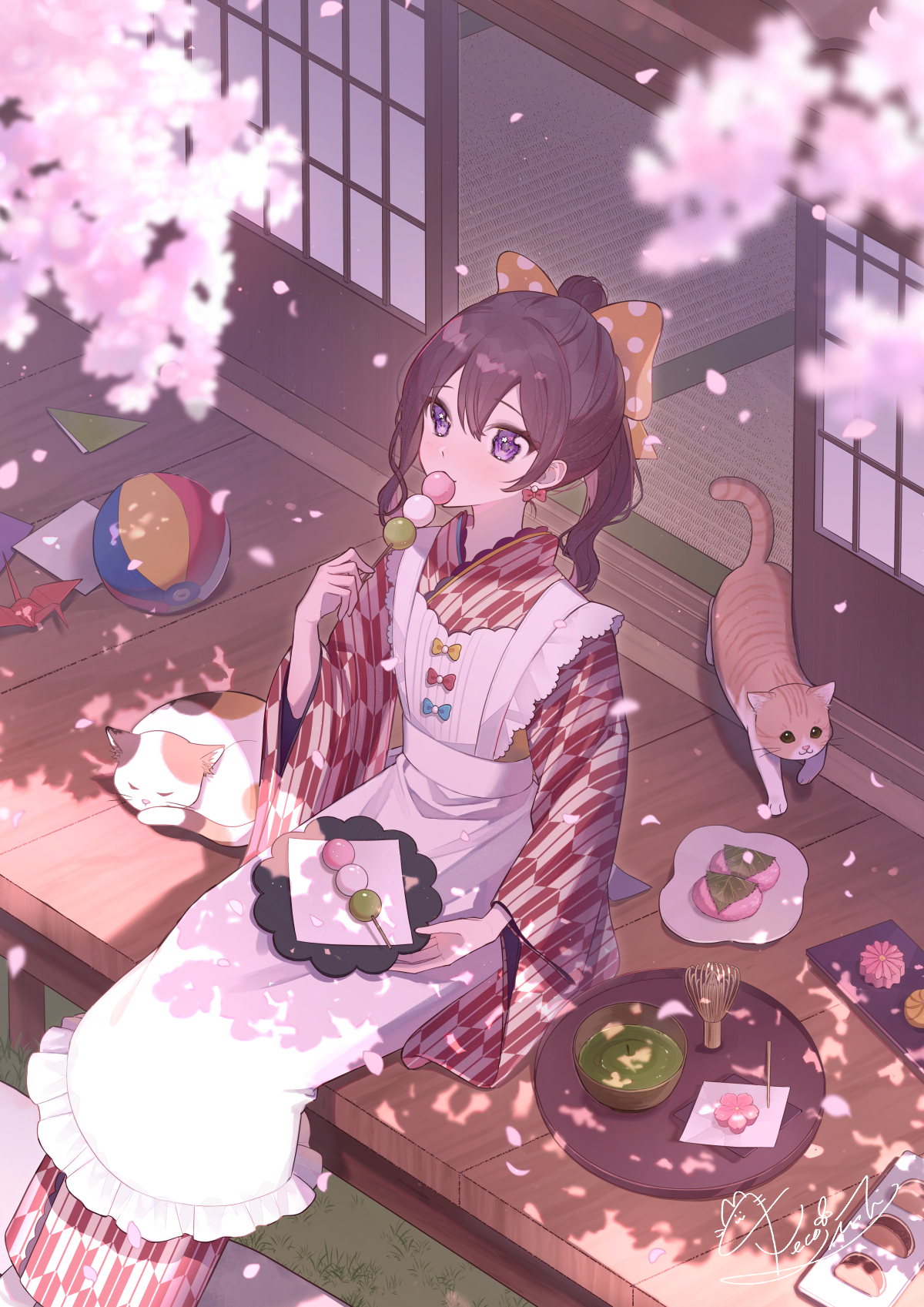1girl apron black_hair blush bow cat cherry_blossoms dango earrings eating falling_petals food green_tea hair_bow highres holding holding_food japanese_clothes jewelry kappougi kimono mochi necojishi original petals pink_petals ponytail purple_eyes sakura_mochi sanshoku_dango signature sitting solo tatami tea veranda wagashi