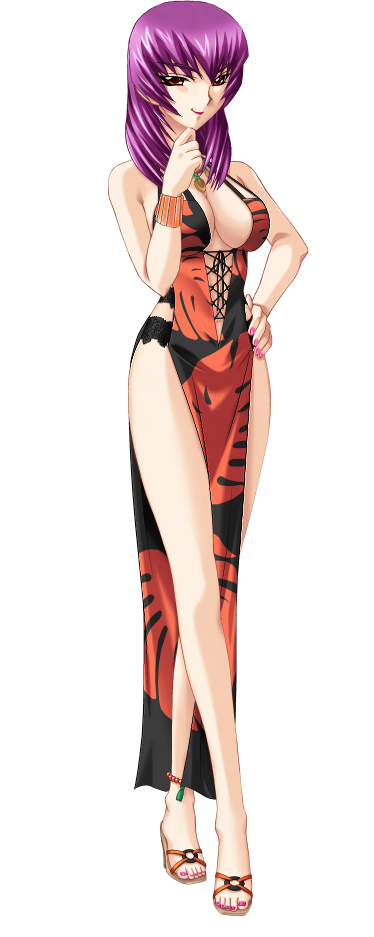 1girl anklet black_panties bou_(inubou) breasts cleavage closed_mouth dress full_body half-closed_eyes hand_on_own_hip jewelry kouzuki_yuuko long_hair looking_at_viewer medium_breasts muv-luv nail_polish official_art orange_dress panties pink_nails print_dress purple_hair red_eyes red_lips side_slit sleeveless sleeveless_dress smile solo standing straight_hair tachi-e toenail_polish toenails transparent_background underwear