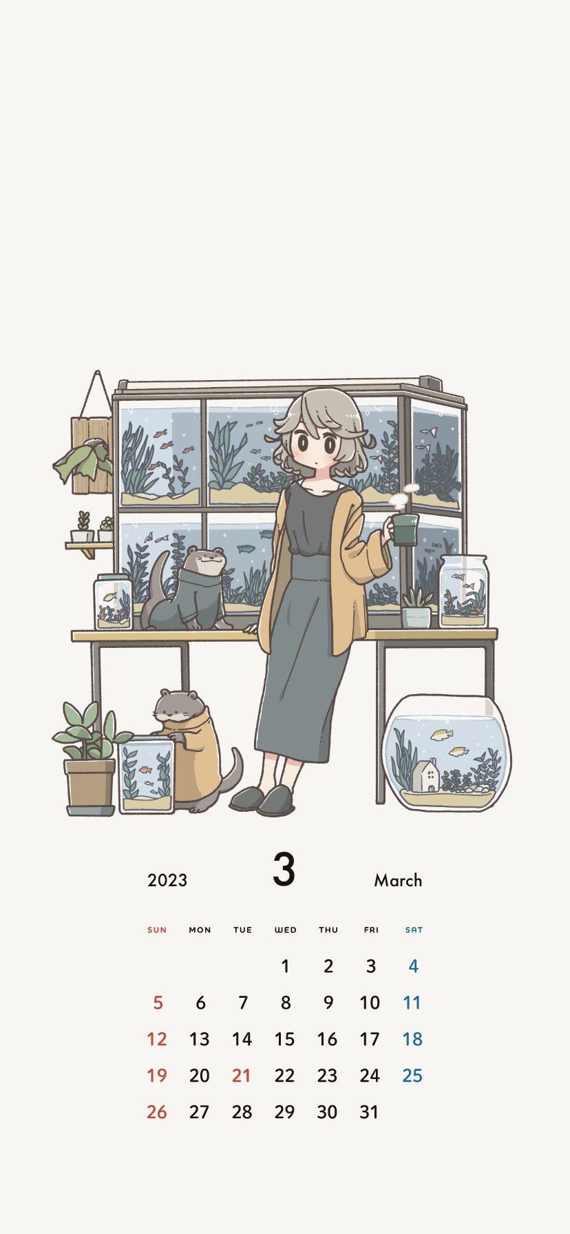 1girl black_eyes black_slippers blush brown_hair closed_mouth collarbone cup east_sha2 expressionless fish fish_tank highres holding holding_cup long_skirt long_sleeves looking_at_viewer original short_hair skirt slippers solo