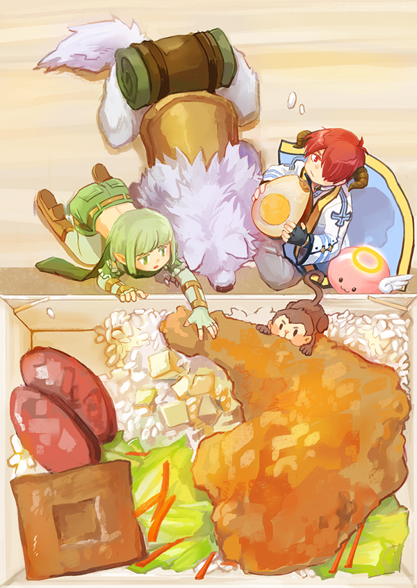1boy 1girl angel_wings angeling arch_bishop_(ragnarok_online) belt black_gloves blue_coat boots brown_belt brown_footwear brown_horns chicken_(food) closed_mouth coat commentary_request eating fingerless_gloves food fried_chicken full_body gloves green_eyes green_gloves green_hair green_pantyhose green_scarf green_shorts halo hardboiled_egg horns jacket long_sleeves looking_at_food monkey open_mouth oversized_food oversized_object pants pantyhose pointy_ears ragnarok_online ranger_(ragnarok_online) red_eyes red_hair rice scarf short_hair shorts slime_(creature) thighhighs white_jacket white_pants wings wolf yoyo_(ragnarok_online) zhi_xie
