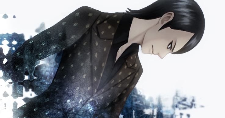 1boy black_eyes black_hair blurry blurry_background brown_suit formal_clothes from_side hikawa_(megami_tensei) male_focus shin_megami_tensei shin_megami_tensei_iii:_nocturne short_hair solo splotch sssstretto suit upper_body