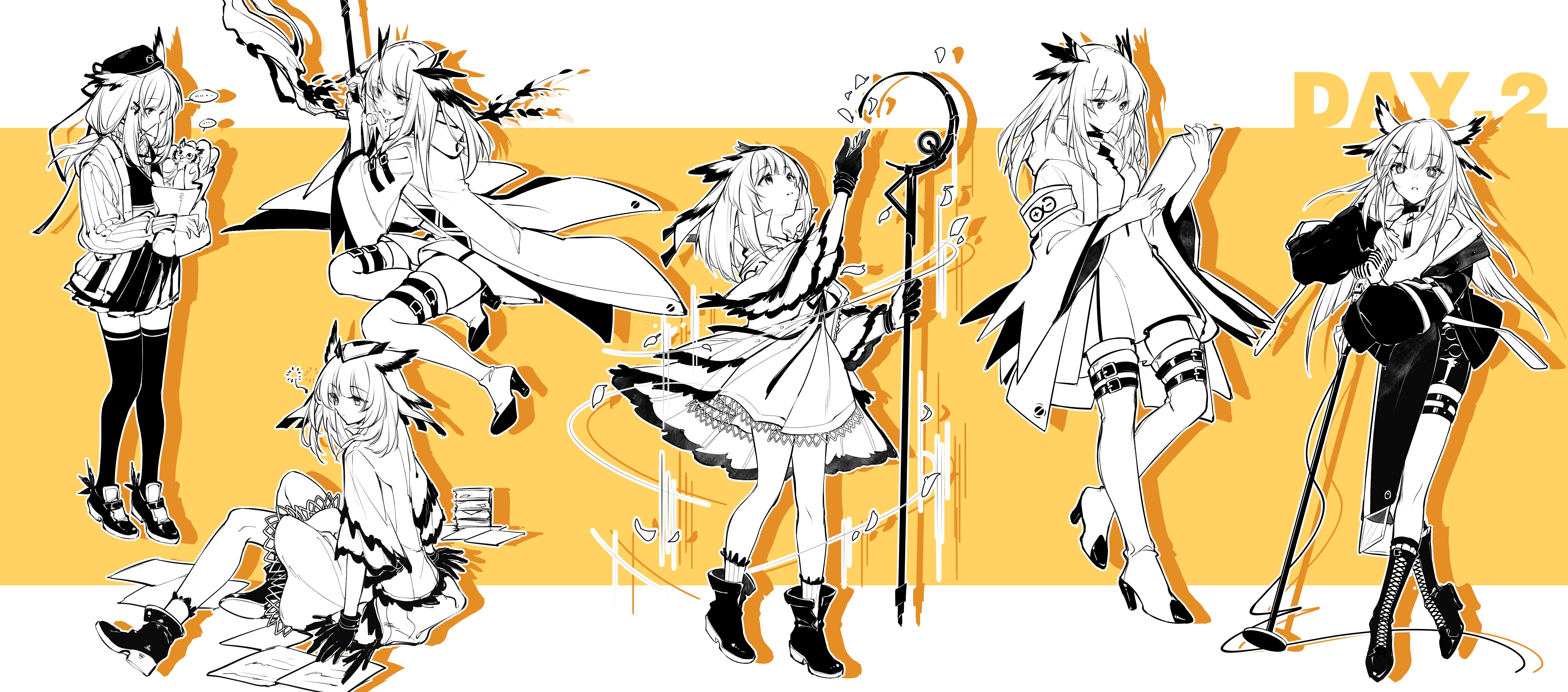 1girl absurdres ambience_synesthesia arknights armband black_gloves book book_stack boots dress elite_ii_(arknights) expressionless feather_hair fy_fei_xiao_ya gloves hair_ornament hairclip hat high_heel_boots high_heels highres holding holding_microphone_stand holding_staff limited_palette long_hair long_sleeves magic microphone microphone_stand official_alternate_costume on_floor owl_girl paper pointy_hair ptilopsis_(ambience_synesthesia)_(arknights) ptilopsis_(arknights) ptilopsis_(elite_ii)_(arknights) ptilopsis_(serenity)_(arknights) rhine_lab_logo skirt staff thigh_boots thighhighs two-tone_gloves vintage_microphone wide_sleeves