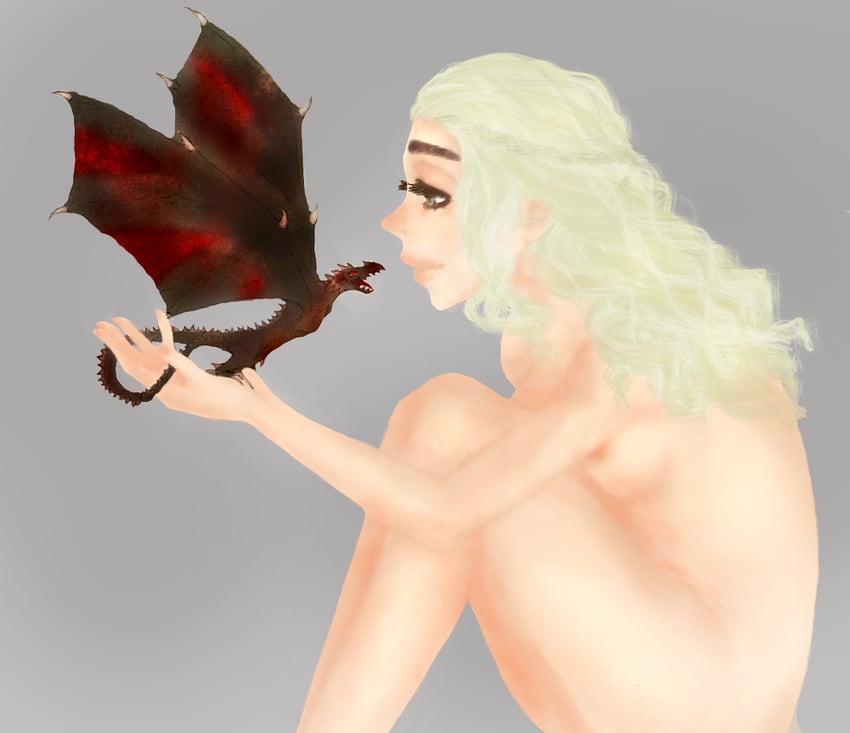1girl a_song_of_ice_and_fire daenerys_targaryen dragon drogon game_of_thrones non-web_source nude small_dragon solo