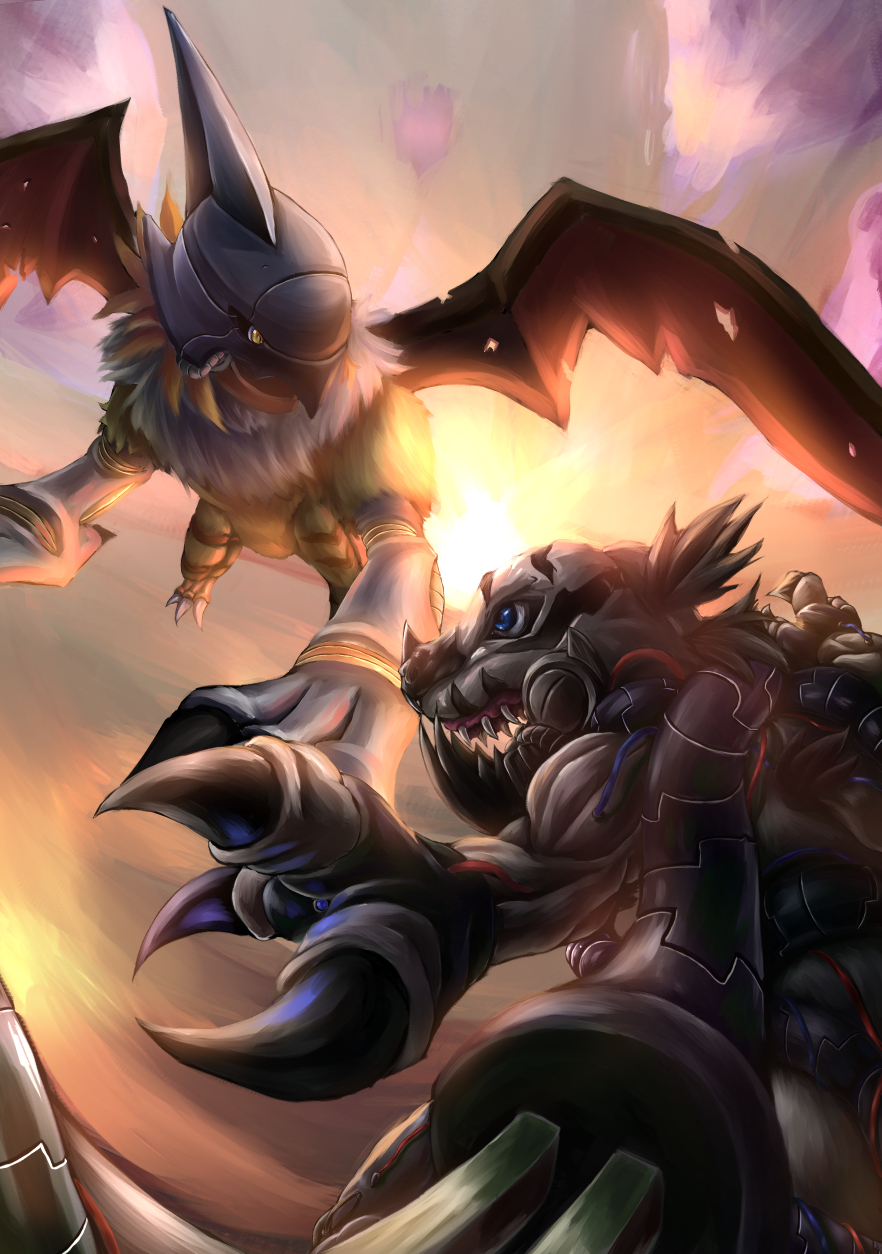 claws cyborg digimon digimon_(creature) griffomon highres metaltyranomon sharp_teeth teeth tyrannosaurus_rex