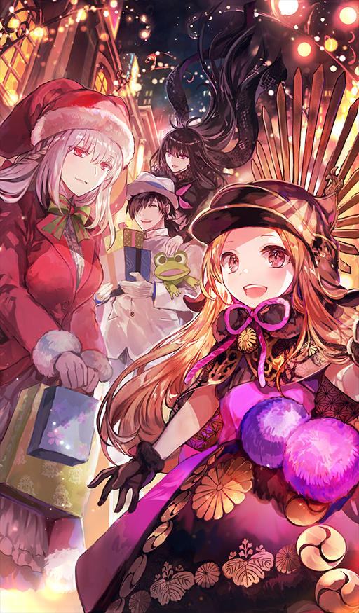 1boy 3girls :d bag black_capelet black_dress black_gloves black_hair black_hat black_scarf black_shirt bow bowtie box braid brown_eyes brown_hair capelet chacha_(fate) closed_eyes coat commentary_request cowboy_shot dress dutch_angle fate/grand_order fate_(series) fedora floating floating_hair floating_scarf florence_nightingale_(fate) florence_nightingale_(santa)_(fate) frog fur-trimmed_coat fur-trimmed_gloves fur-trimmed_headwear fur_trim gift gift_bag gift_box gloves green_bow green_bowtie hair_over_one_eye hand_on_another&#039;s_shoulder hat high_collar holding holding_bag holding_box jacket long_hair long_sleeves looking_at_viewer low_ponytail multiple_girls neckerchief official_art one_eye_covered open_mouth oryou_(fate) outdoors parted_lips pink_eyes pink_neckerchief pink_sash pom_pom_(clothes) ponytail red_coat red_eyes red_hat rioka_(southern_blue_sky) sailor_collar sakamoto_ryouma_(fate) santa_costume santa_hat sash scarf school_uniform serafuku shirt sidelocks smile standing teeth third-party_source upper_teeth_only very_long_hair white_dress white_hair white_hat white_jacket