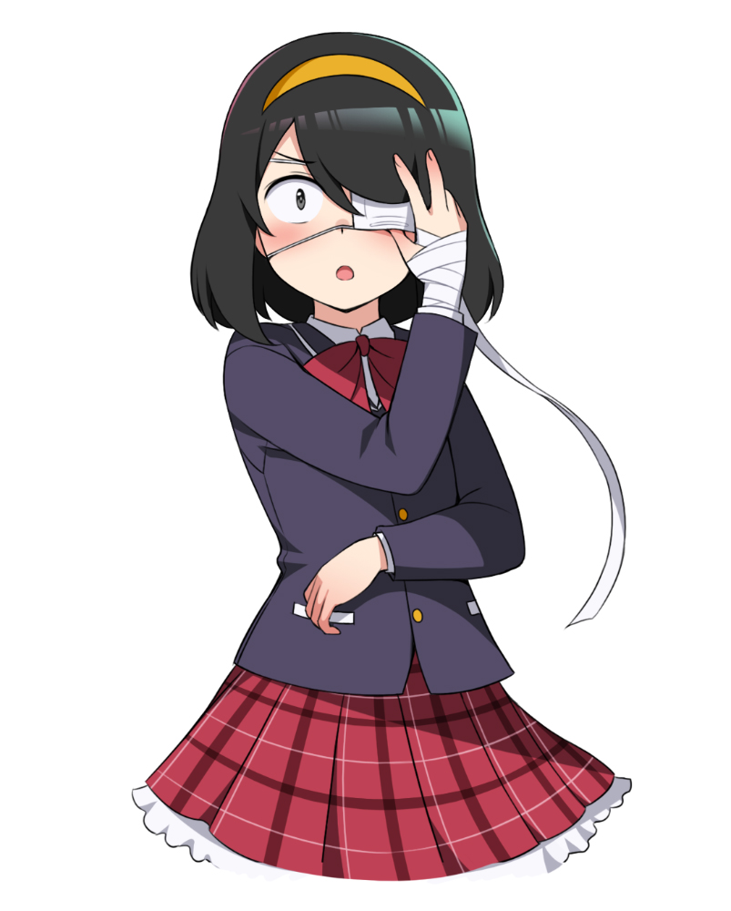 1girl arm_up bandaged_arm bandages black_eyes blazer blue_jacket chuunibyou_demo_koi_ga_shitai! cosplay eyepatch frown hair_over_one_eye headband honda_naoki icho_private_high_school_uniform jacket jijou_wo_shiranai_tenkousei_ga_guigui_kuru. long_sleeves looking_at_viewer medical_eyepatch medium_hair nishimura_akane open_mouth orange_headband plaid_clothes plaid_skirt red_skirt school_uniform simple_background skirt solo takanashi_rikka takanashi_rikka_(cosplay) upper_body white_background