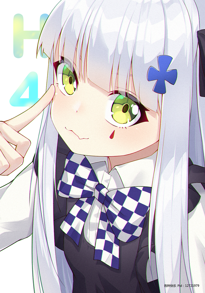 1girl aged_down apron black_apron blunt_bangs bow bowtie character_name checkered_bow checkered_bowtie checkered_clothes closed_mouth collared_shirt facial_mark fang ge_zhong_kuaile girls&#039;_frontline green_eyes hair_ornament hk416_(black_kitty&#039;s_gift)_(girls&#039;_frontline) hk416_(girls&#039;_frontline) long_hair long_sleeves looking_at_viewer official_alternate_costume shirt skin_fang solo tattoo teardrop teardrop_tattoo white_hair