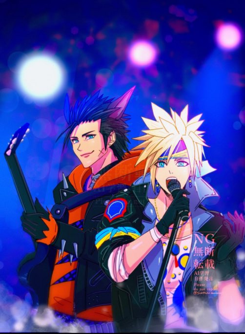 2boys animal_collar animal_ears black_gloves black_hair black_jacket blonde_hair blue_eyes closed_mouth cloud_strife cloud_strife_(locke&#039;s_outfit) collar cosplay dog_boy dog_ears earrings facial_scar final_fantasy final_fantasy_vi final_fantasy_vii final_fantasy_vii_ever_crisis gloves guitar hair_between_eyes hair_slicked_back headband holding holding_guitar holding_instrument holding_microphone_stand hood hoodie instrument jacket jewelry locke_cole locke_cole_(cosplay) male_focus microphone_stand multiple_boys music necklace official_alternate_costume open_mouth orange_hoodie print_shirt scar scar_on_cheek scar_on_face shirt short_hair sideburns singing single_earring sleeves_rolled_up smile spiked_hair studded_jacket svnthzc upper_body zack_fair zack_fair_(black_hound)