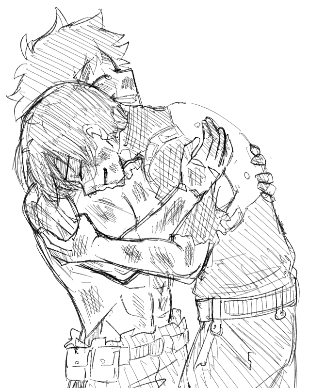 2boys abs belt blush boku_no_hero_academia bones_(company) burn_scar crying curly_hair destroyed_clothing freckles happy happy_tears head_on_another&#039;s_shoulder hug laughing messy_hair midoriya_izuku multicolored_hair multiple_boys pectorals scar scar_on_arm scar_on_face scar_on_hand short_hair shounen_jump smile superhero_costume tears tododeku todoroki_shouto torn_clothes traditional_media two-tone_hair uri8585 yaoi