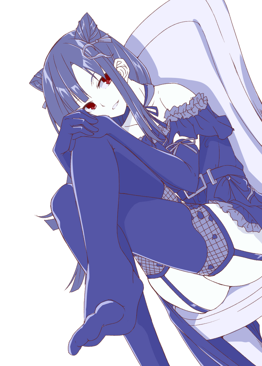 1girl arm_ribbon assault_lily bare_shoulders belt belt_buckle blue_theme blunt_bangs bow buckle chair choker collarbone commentary_request cone_hair_bun crossed_legs double_bun dress dress_bow dutch_angle elbow_gloves foot_out_of_frame frilled_dress frills garter_straps gloves gozen_(assault_lily) grin gumoyu hair_bun hair_ribbon hands_on_own_knee highres knee_up leg_up long_hair looking_at_viewer monochrome neck_ribbon no_shoes off-shoulder_dress off_shoulder on_chair own_hands_together parted_lips red_eyes ribbon short_dress short_sleeves sidelocks simple_background sitting smile solo spot_color thighhighs white_background