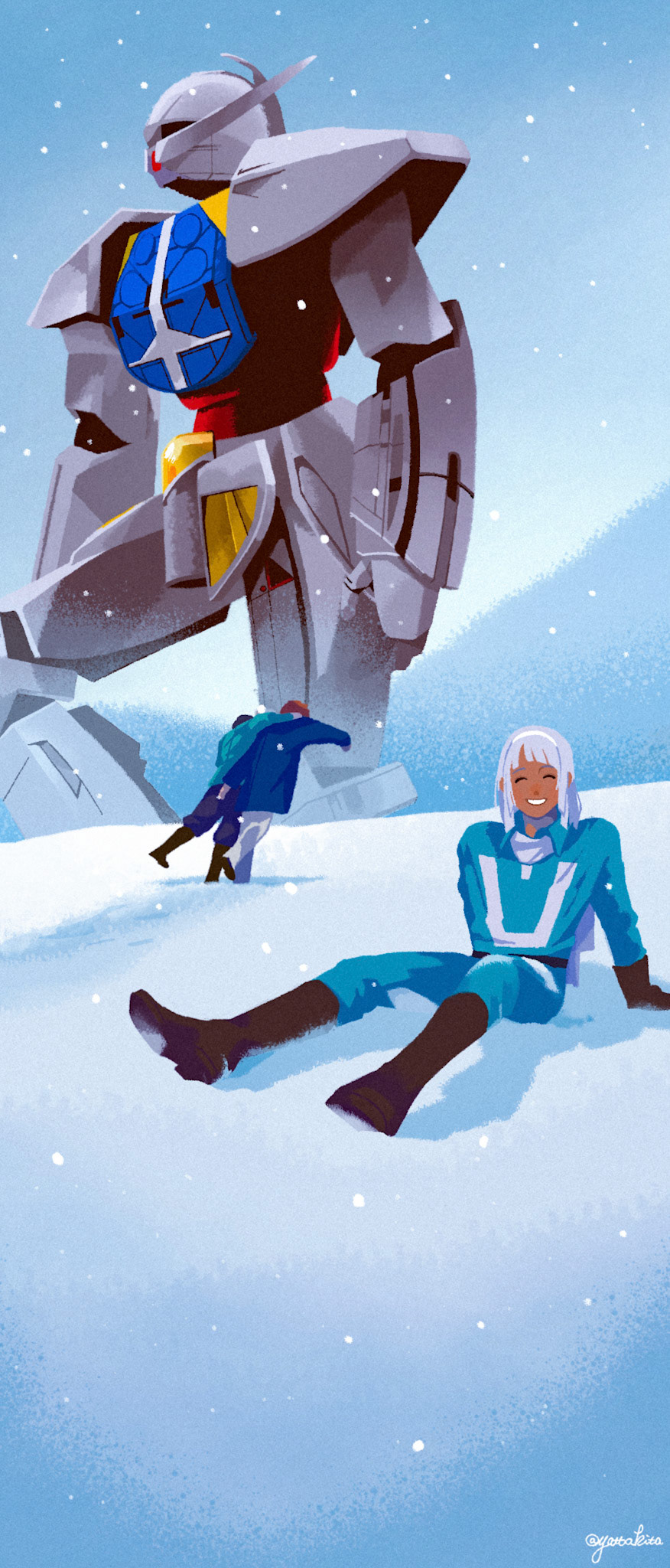 3boys artist_name blue_pants blue_shirt boots brown_footwear brown_gloves closed_eyes collared_shirt day fran_doll gloves gundam highres keith_laijie loran_cehack mecha multiple_boys pants robot science_fiction shirt smile snow snowing turn_a_gundam turn_a_gundam_(mobile_suit) twitter_username white_hair white_pants yatta_kita