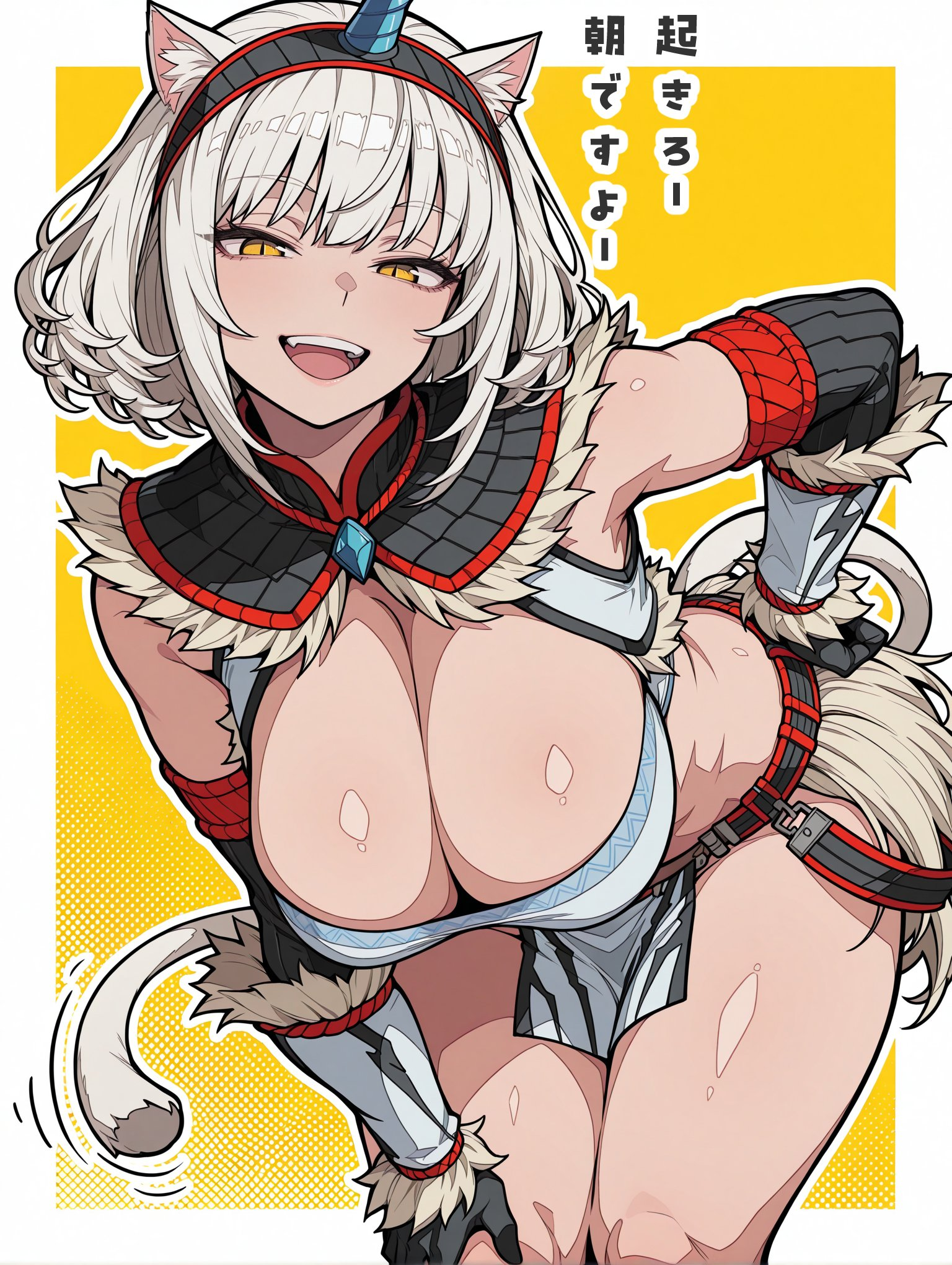 adjusting_clothes adjusting_panties animal_ears armor belt blush breasts cleavage gauntlet gloves hair_ornament highres horns inakamonor kirin kirin_(armor) looking_at_viewer midriff monster_hunter_(series) panties pelvic_curtain tail thighhighs thighs underwear white_hair yellow_eyes