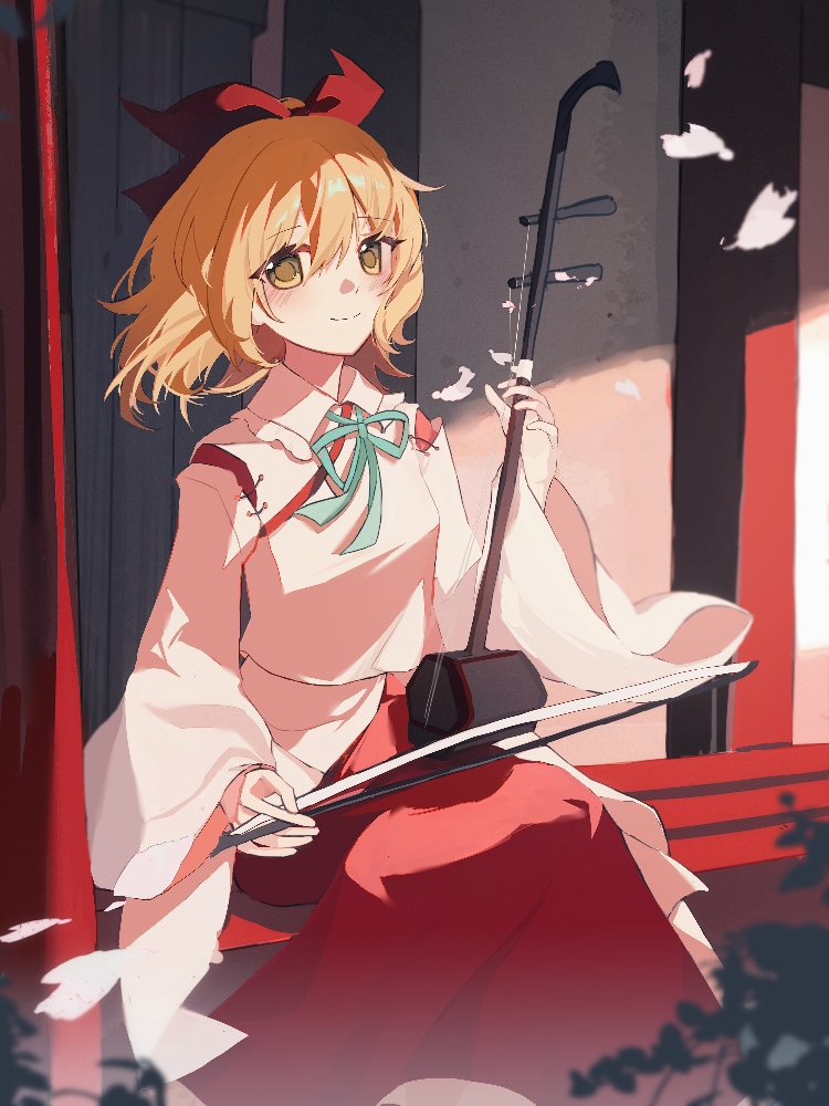 blonde_hair bow bowtie cherry_blossoms chinese_commentary commentary_request detached_sleeves erhu falling_petals green_bow holding holding_instrument hutaodehetao instrument petals pink_petals red_bow red_skirt satsuki_rin shirt skirt sunlight touhou veranda white_shirt wooden_door yellow_eyes