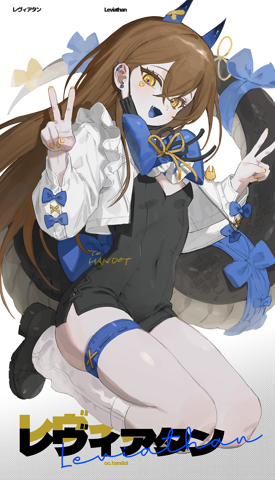 1girl black_dress blue_bow blue_ribbon blue_tongue bow brown_hair colored_mouth colored_tongue commentary dress english_commentary frills highres horns kneeling leg_warmers long_hair looking_at_viewer mumukyabi open_mouth original ribbon skin_tight smile solo tail thigh_strap v white_background yellow_eyes