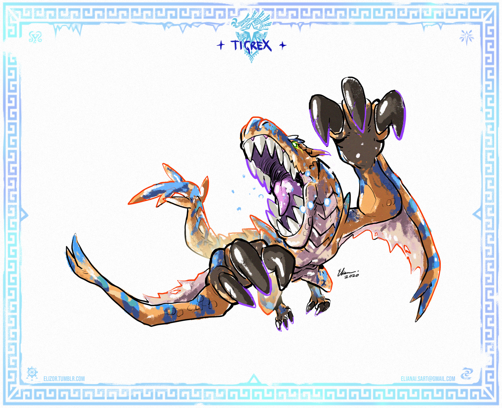 border character_name claws dated eliz0r email_address foreshortening highres monster_hunter:_world monster_hunter_(series) monster_hunter_world:_iceborne no_humans open_mouth pouncing sharp_teeth signature simple_background teeth tigrex tumblr_username