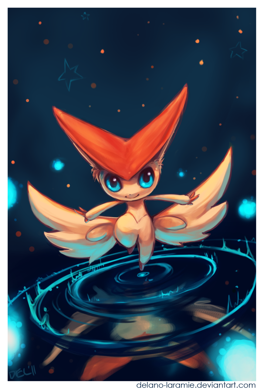 blue_background border closed_mouth commentary creature delano-laramie english_commentary floating full_body gen_5_pokemon highres legendary_pokemon looking_at_viewer mythical_pokemon nintendo no_humans pokemon pokemon_(creature) ripples signature simple_background smile star_(symbol) victini water watermark web_address white_border