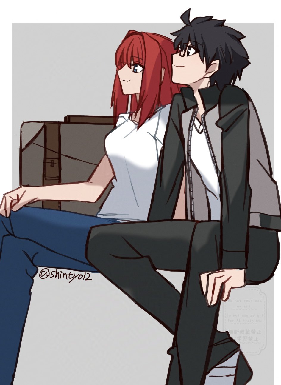 1boy 1girl aozaki_aoko black_eyes black_hair blue_pants breasts briefcase glasses highres large_breasts long_hair male_focus pants red_hair shintyoi2 shirt short_hair signature smile tohno_shiki tsukihime very_long_hair white_shirt