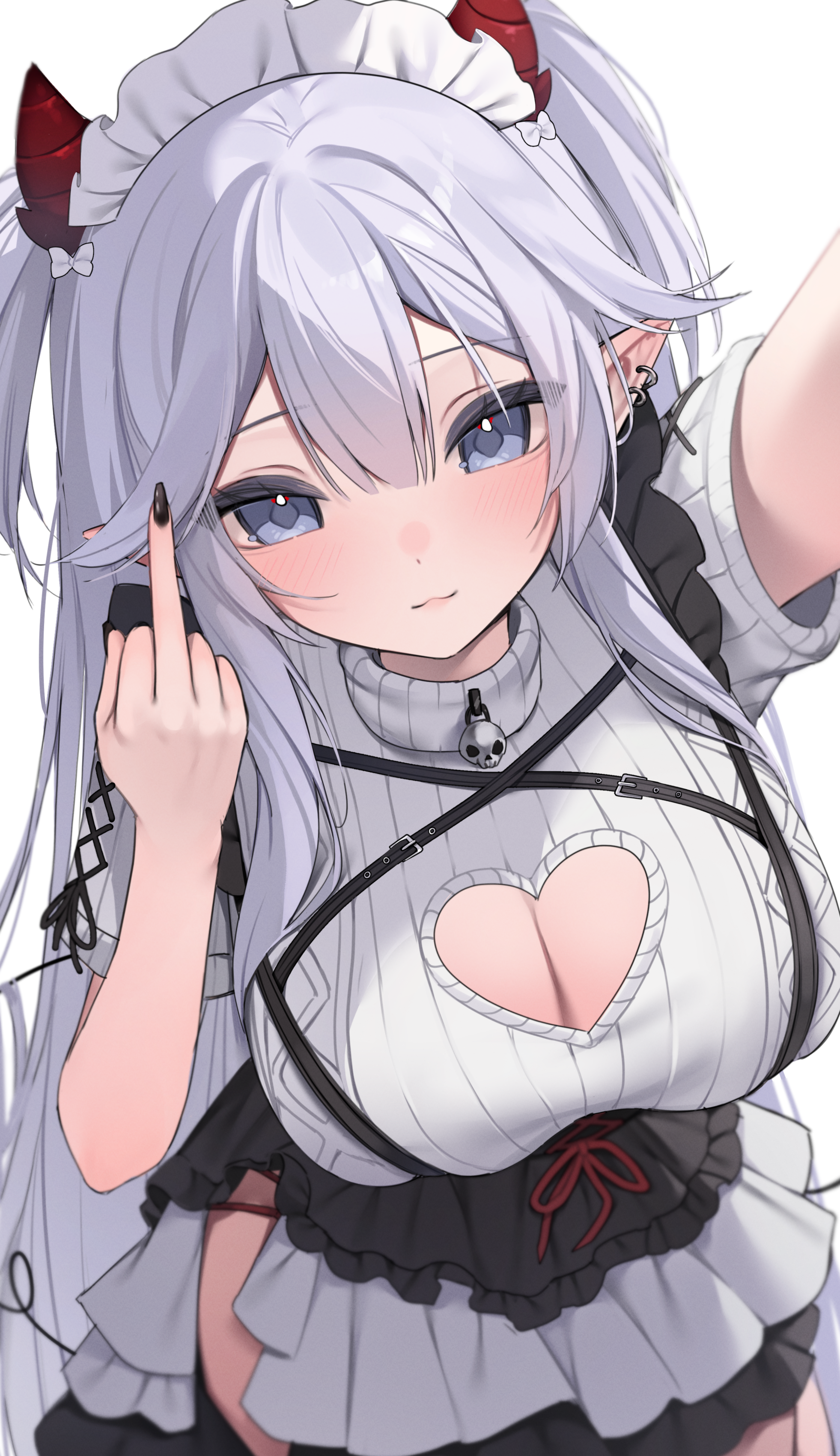 1girl :3 absurdres black_nails blue_eyes breasts cable_knit cleavage cleavage_cutout closed_mouth clothing_cutout cowboy_shot demon_horns diamond-shaped_pupils diamond_(shape) frilled_skirt frills hand_up headdress heart_cutout highres hiroside horns indie_virtual_youtuber large_breasts layered_skirt long_hair looking_at_viewer middle_finger nail_polish outstretched_arm pointy_ears profanity ribbed_sweater short_sleeves side_slit simple_background skirt smile solo sweater symbol-shaped_pupils two_side_up vei_(vtuber) very_long_hair virtual_youtuber white_background white_hair white_sweater
