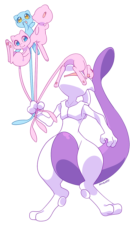 alternate_color blue_eyes full_body gen_1_pokemon legendary_pokemon legs mew_(pokemon) mewtwo mythical_pokemon nintendo open_mouth pokemon pokemon_(creature) shiny_pokemon signature smile solo standing tail yellow_eyes zhampy