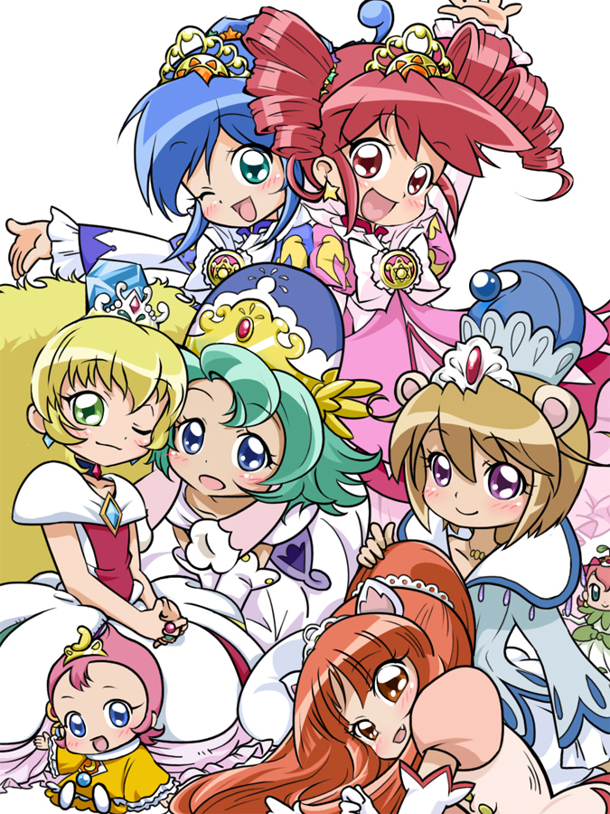 00s 6+girls ;d altessa animal_ears blonde_hair blue_eyes blue_hair blush brown_eyes brown_hair cat_ears character_request choker dress drill_hair fine_(futagohime) fine_(prominence_dress_up)_(futagohime) fushigiboshi_no_futago_hime green_eyes green_hair happy hat leonne long_hair miruro multiple_girls one_eye_closed open_mouth pink_hair ponytail princess purple_eyes red_eyes red_hair rein_(futagohime) rein_(prominence_dress_up)_(futagohime) short_hair sinko_(sinsinsinko) smile sophie_(futagohime) tiara twin_drills wink