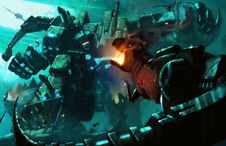 autobot battle brontosaurus claws clenched_hand constructicon decepticon devastator_(transformers) dinobots_(g1) epic fighting flying glowing glowing_eyes grimlock holding horns insignia livioramondelli mecha no_humans open_mouth pteranodon red_eyes robot sharp_teeth signature slag_(transformers) sludge_(transformers) snarl_(transformers) sparks stegosaurus stomping swoop_(transformers) teeth transformers transformers:_generation_1 triceratops tyrannosaurus_rex wheel windshield