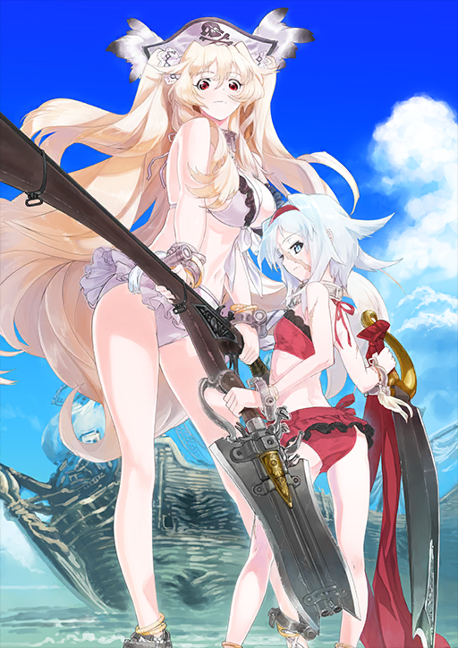 2girls anklet anne_bonny_(fate) anne_bonny_(fate/grand_order) anne_bonny_(swimsuit_archer)_(fate) anne_bonny_(swimsuit_archer)_(second_ascension)_(fate) ass asymmetrical_dual_wielding bare_arms bare_legs bare_shoulders bikini blonde_hair blue_eyes blue_sky boat bracelet breasts cleavage closed_mouth cloud collar cutlass dual_wielding fate/grand_order fate_(series) feet_out_of_frame frilled_bikini frills gun hair_between_eyes hairband hat hat_feather height_difference holding holding_gun holding_sword holding_weapon i-iv_(longman) jewelry large_breasts legs_apart long_hair looking_at_viewer looking_back mary_read_(fate) mary_read_(fate/grand_order) mary_read_(swimsuit_archer)_(fate) mary_read_(swimsuit_archer)_(second_ascension)_(fate) metal_collar multiple_anklets multiple_bracelets multiple_girls navel official_art petite pirate_hat red_bikini red_eyes red_hairband rifle sailboat sandals scar scar_on_face short_hair sidelocks skull_and_crossbones sky small_breasts standing swimsuit sword third-party_source two_side_up variant_set very_long_hair watercraft weapon white_bikini white_hair white_hat white_sandals