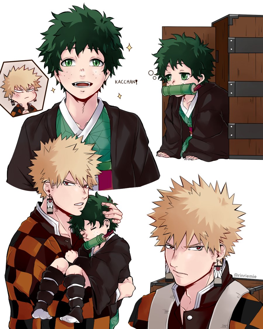 2boys bakugou_katsuki black_hair blonde_hair blush boku_no_hero_academia checkered_haori child cosplay earrings fangs freckles green_eyes grey_background haori hug japanese_clothes jewelry kamado_nezuko kamado_nezuko_(cosplay) kimetsu_no_yaiba kimono long_sleeves looking_at_viewer male_focus midoriya_izuku multiple_boys rin_(rinriemie) simple_background sitting smile sparkle twitter_username wide_sleeves