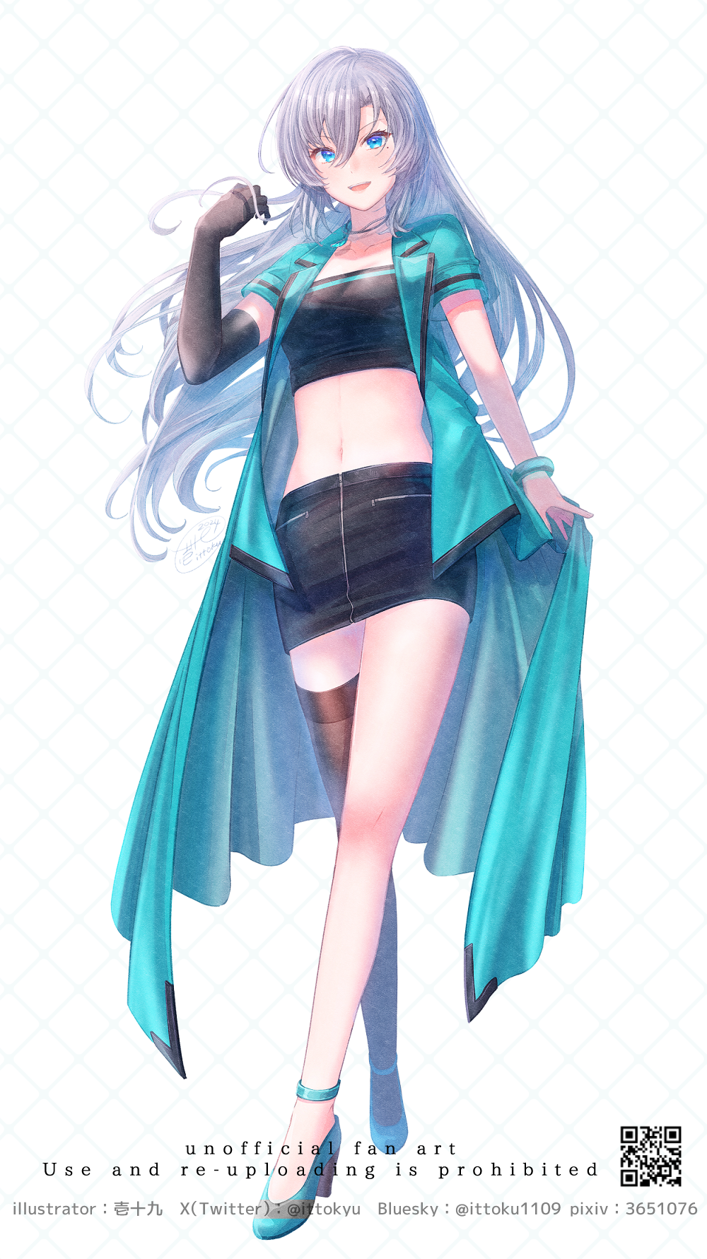 1girl :d black_gloves black_skirt blue_eyes blue_jacket blue_shoes bluesky_username breasts brown_thighhighs collarbone commentary_request crossed_legs elbow_gloves english_text full_body gloves grey_hair hair_between_eyes hand_up highres ittokyu jacket long_hair medium_breasts navel open_clothes open_jacket open_mouth pixiv_id qr_code riot_music shoes short_sleeves single_glove single_thighhigh skirt smile solo standing sumeragi_miona thighhighs twitter_username very_long_hair virtual_youtuber watermark white_background