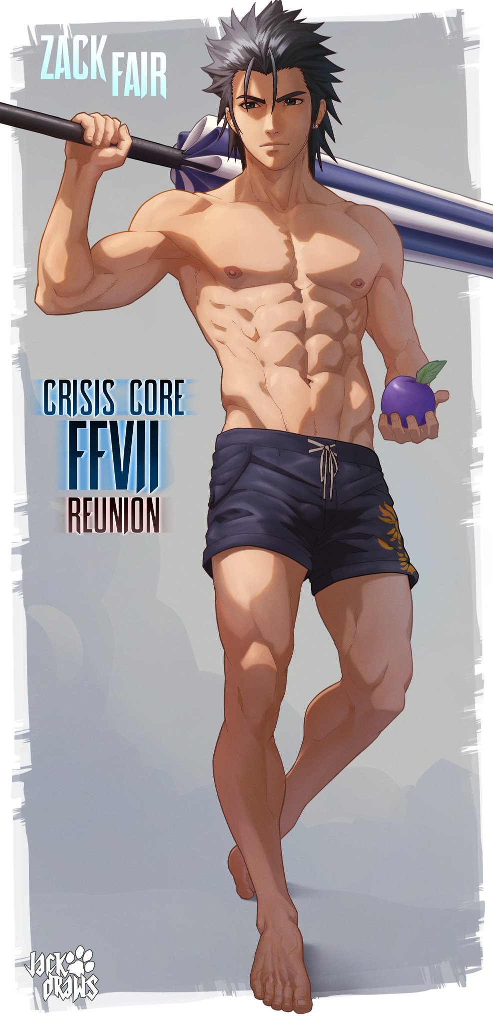 1boy abs artist_name bare_arms barefoot black_hair black_male_swimwear black_swim_trunks character_name commentary crisis_core_final_fantasy_vii english_commentary final_fantasy final_fantasy_vii fingernails food fruit full_body green_eyes highres holding holding_food holding_fruit holding_umbrella jackdraws1988 legs male_focus male_swimwear navel nipples print_male_swimwear print_swim_trunks print_swimsuit solo spiked_hair swim_trunks swimsuit toenails toes topless_male umbrella veiny_feet zack_fair